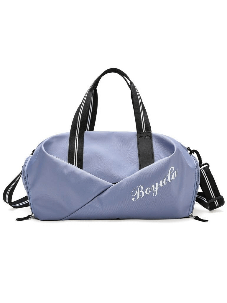 Stylish waterproof sports crossbody bag in purple with black straps, perfect for gym and outdoor activities, featuring shoe compartments.